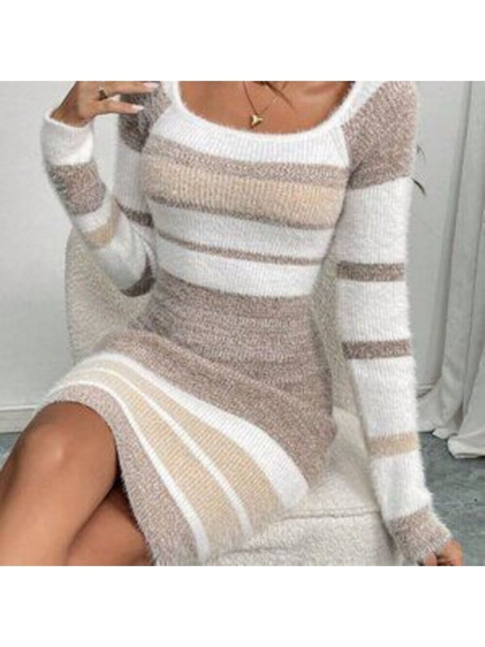 Multicolor Casual Women's Long Sleeve Striped Knit Sweater Dress